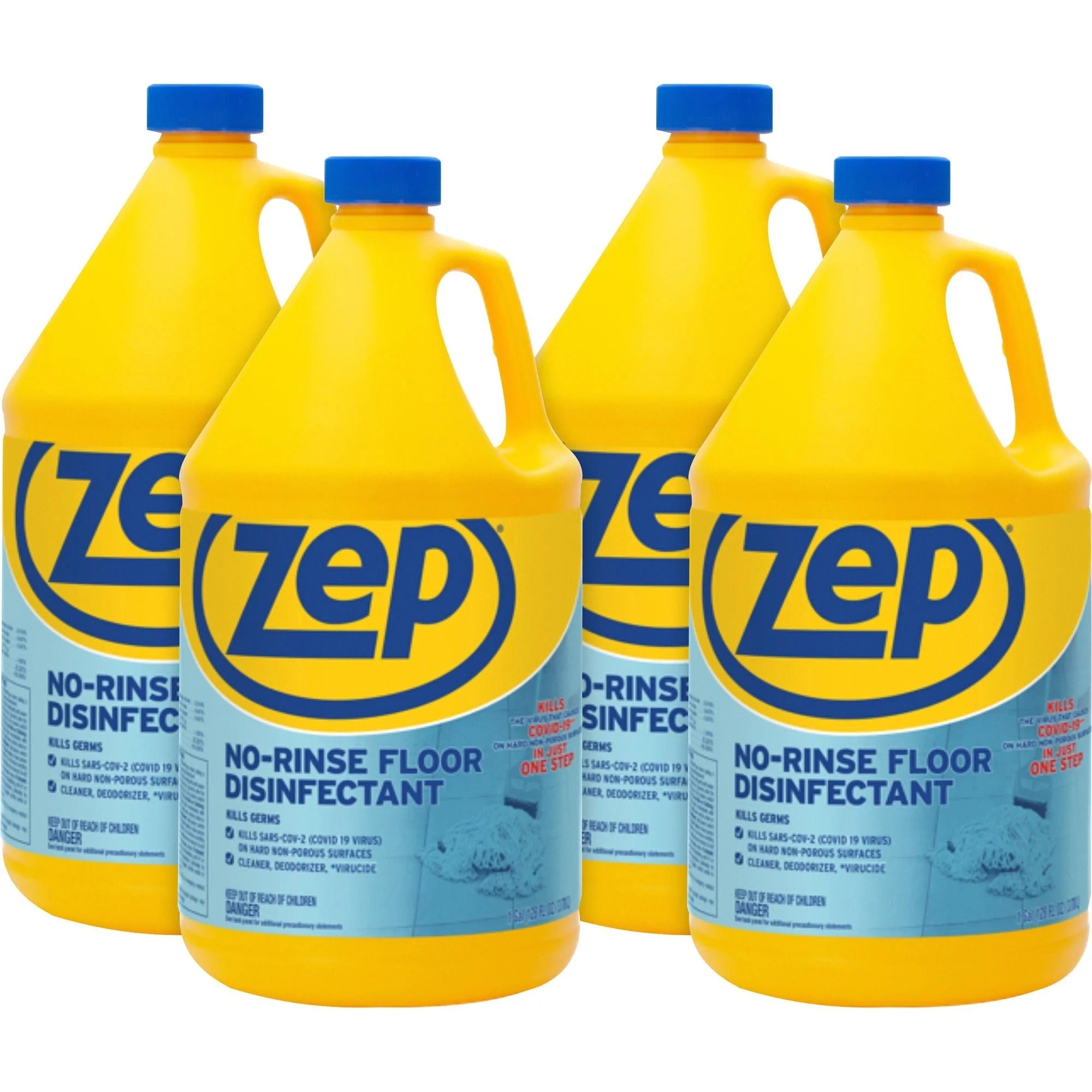 Zep No-Rinse Floor Disinfectant: 128 fl oz - Disinfect & Deodorize - Blue - 4/Carton - Floor/Carpet Cleaners Protectors