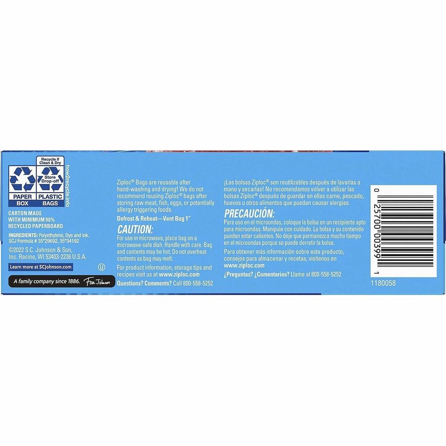 Ziploc® Grip n’ Seal Freezer Bags - 7’’ Length x 5’’ Width - Blue - Plastic - Food Meat Poultry Fish - 20/Box - 12