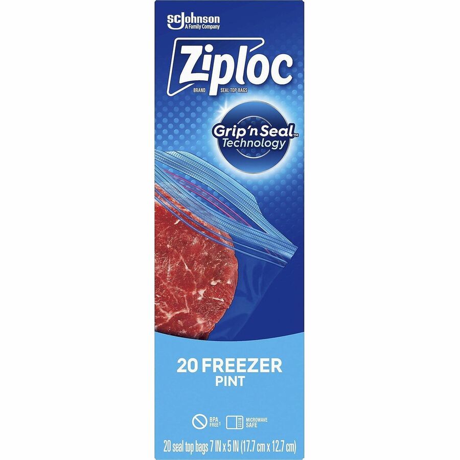Ziploc® Grip n’ Seal Freezer Bags - 7’’ Length x 5’’ Width - Blue - Plastic - Food Meat Poultry Fish - 20/Box - 12