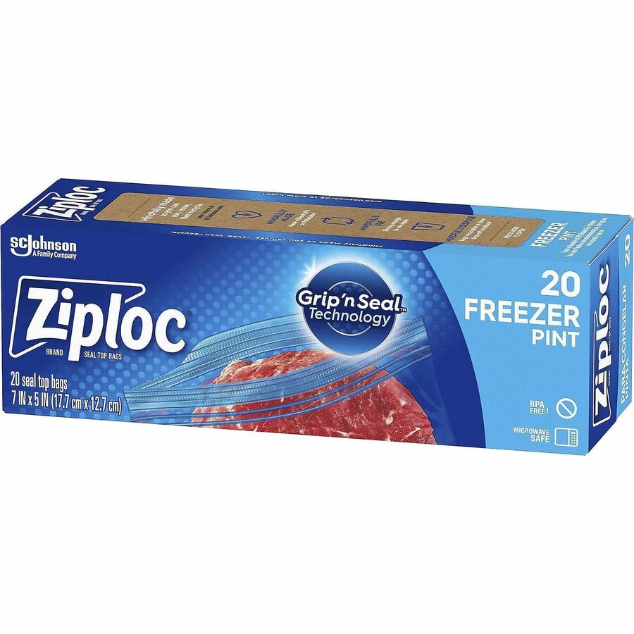 Ziploc® Grip n’ Seal Freezer Bags - 7’’ Length x 5’’ Width - Blue - Plastic - Food Meat Poultry Fish - 20/Box - 12