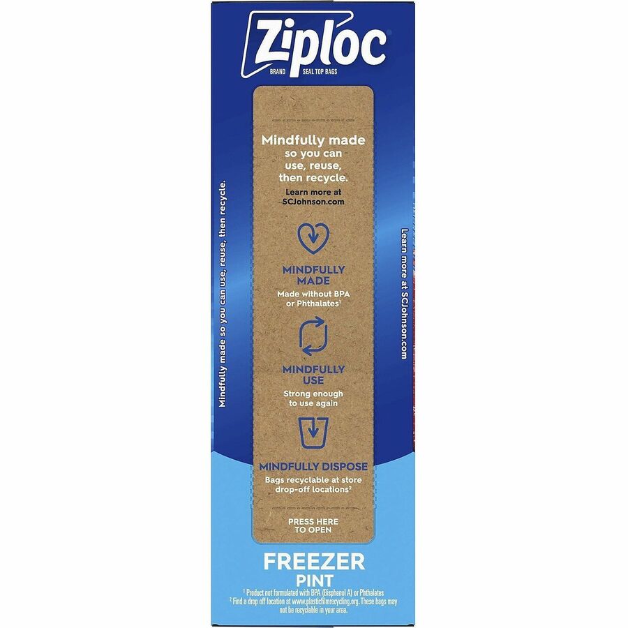Ziploc® Grip n’ Seal Freezer Bags - 7’’ Length x 5’’ Width - Blue - Plastic - Food Meat Poultry Fish - 20/Box - 12