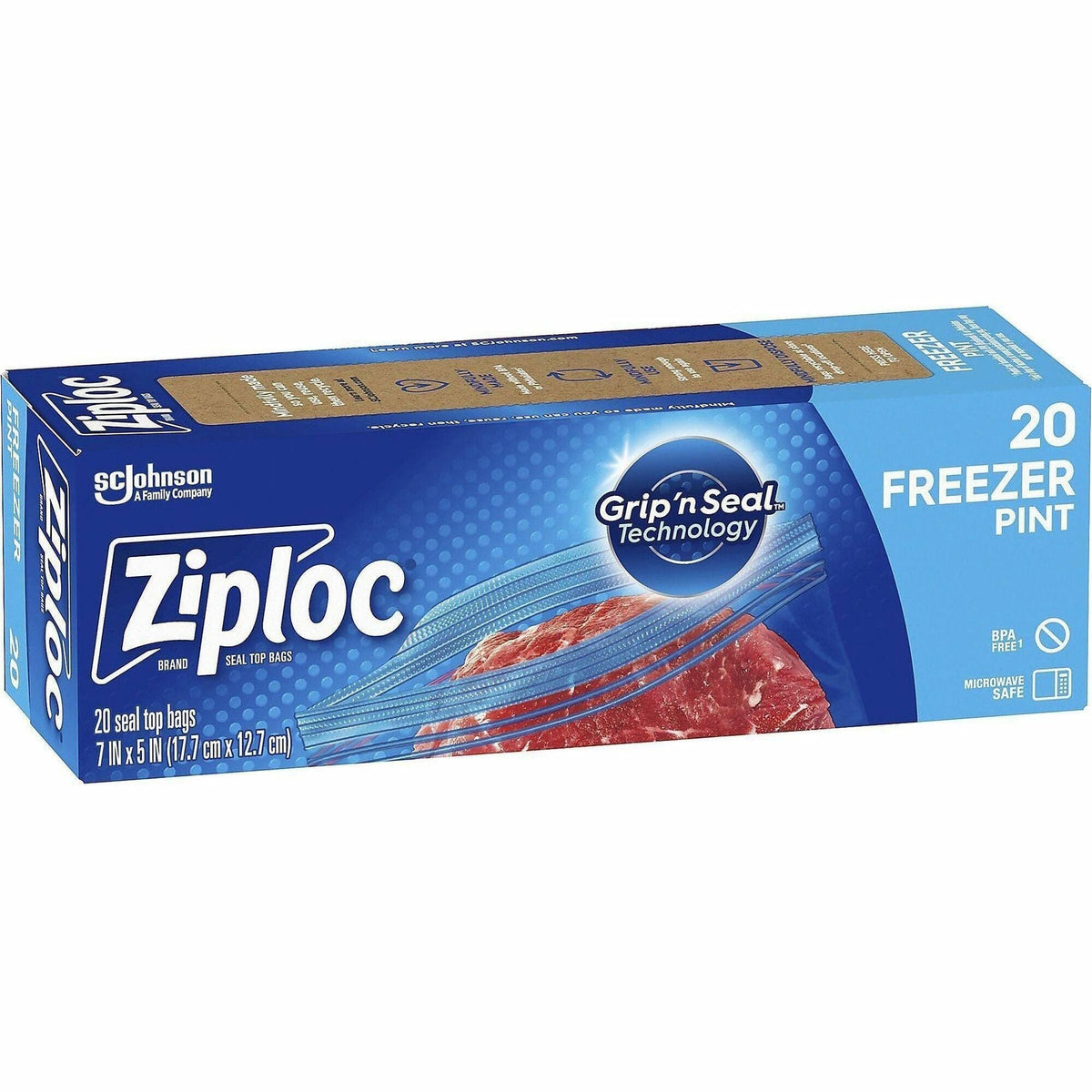 Ziploc® Grip n’ Seal Freezer Bags - 7’’ Length x 5’’ Width - Blue - Plastic - Food Meat Poultry Fish - 20/Box - 12