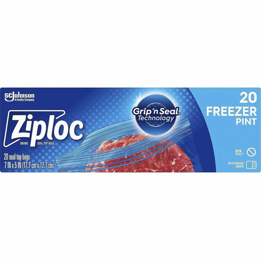 Ziploc® Grip n’ Seal Freezer Bags - 7’’ Length x 5’’ Width - Blue - Plastic - Food Meat Poultry Fish - 20/Box - 12
