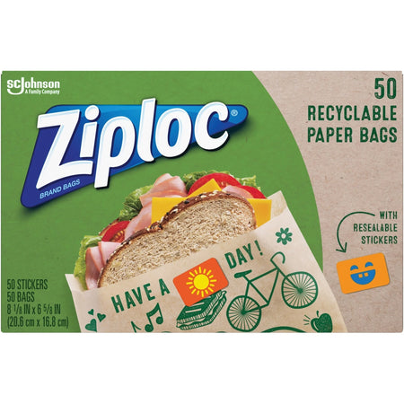 Ziploc® Paper Bags: Brown Lunch/Sandwich/Snack Bags 8.12’’ x 6.62’’ 50/Box - Food Storage