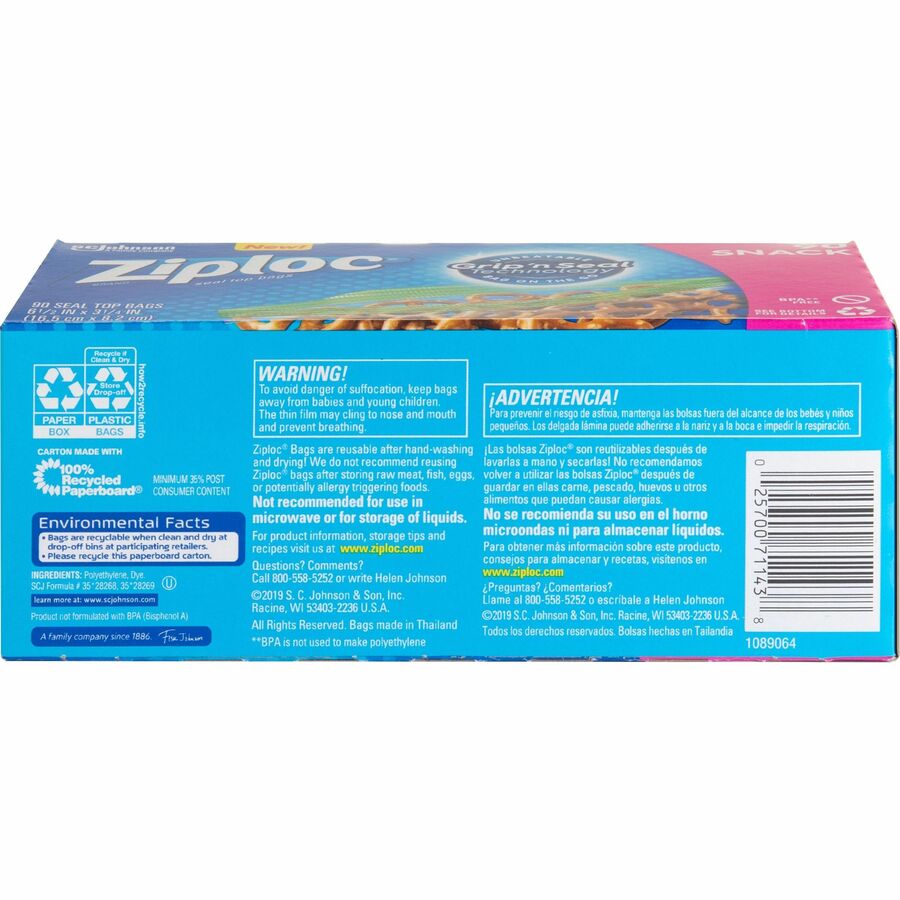 Ziploc® Snack Size Storage Bags - 6.50’’ Length x 3.75’’ Width - Clear - Food Fruit Vegetables School Park Office