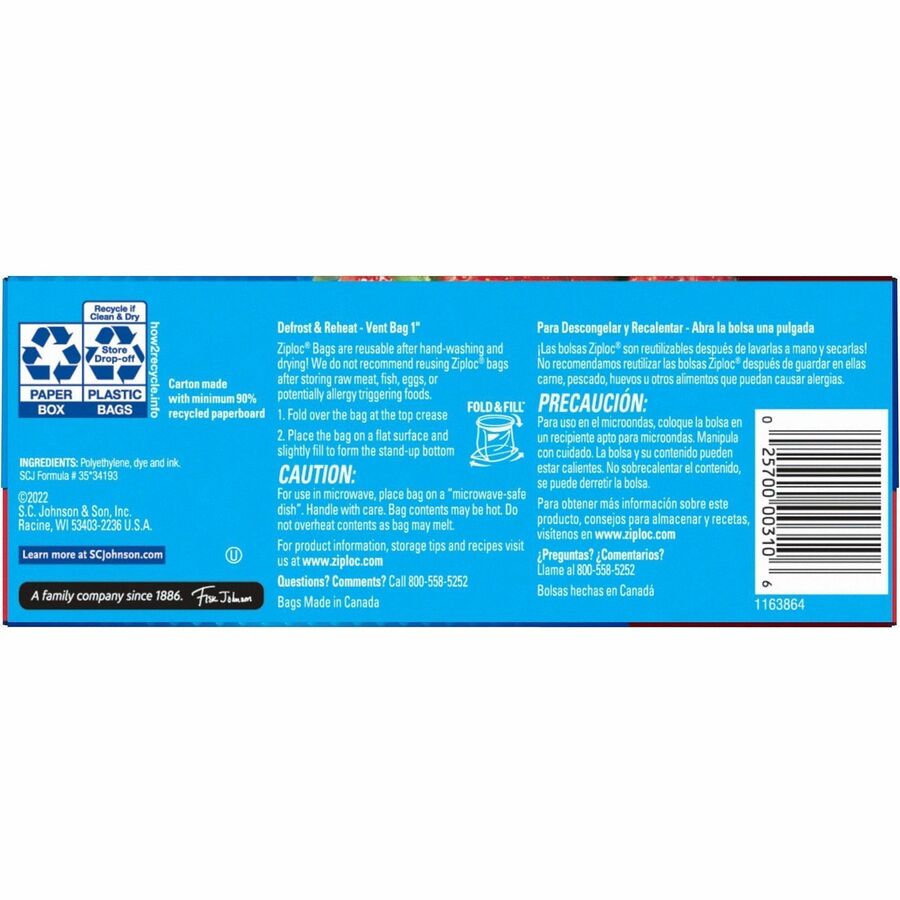 Ziploc® Stand-Up Storage Bags - 1 quart Capacity - Blue - Kitchen - 48 / Box - Food
