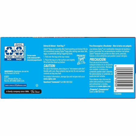 Ziploc® Stand-Up Storage Bags - 1 quart Capacity - Blue - Kitchen - 80 / Box - Food