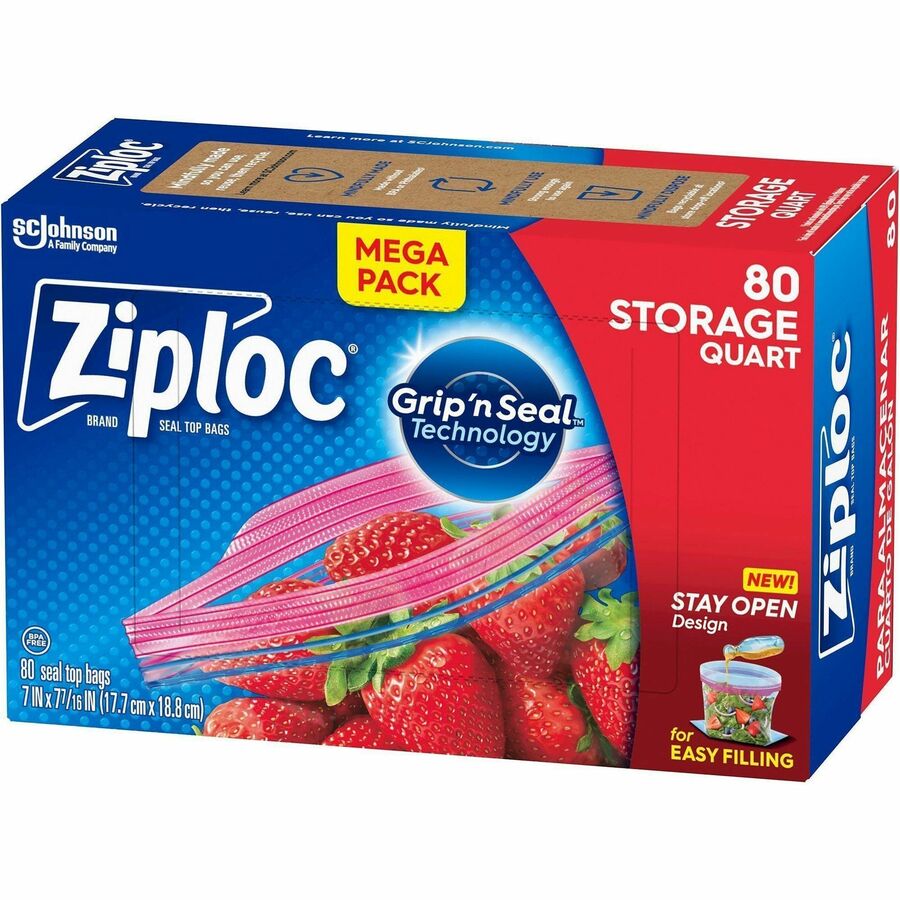 Ziploc® Stand-Up Storage Bags - 1 quart Capacity - Blue - Kitchen - 80 / Box - Food