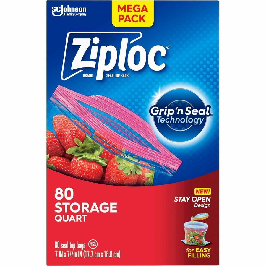 Ziploc® Stand-Up Storage Bags - 1 quart Capacity - Blue - Kitchen - 80 / Box - Food