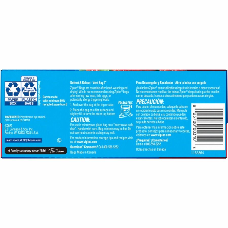 Ziploc® Stand-Up Storage Bags - Blue - Kitchen - 48/Box - 9 / Carton - Food