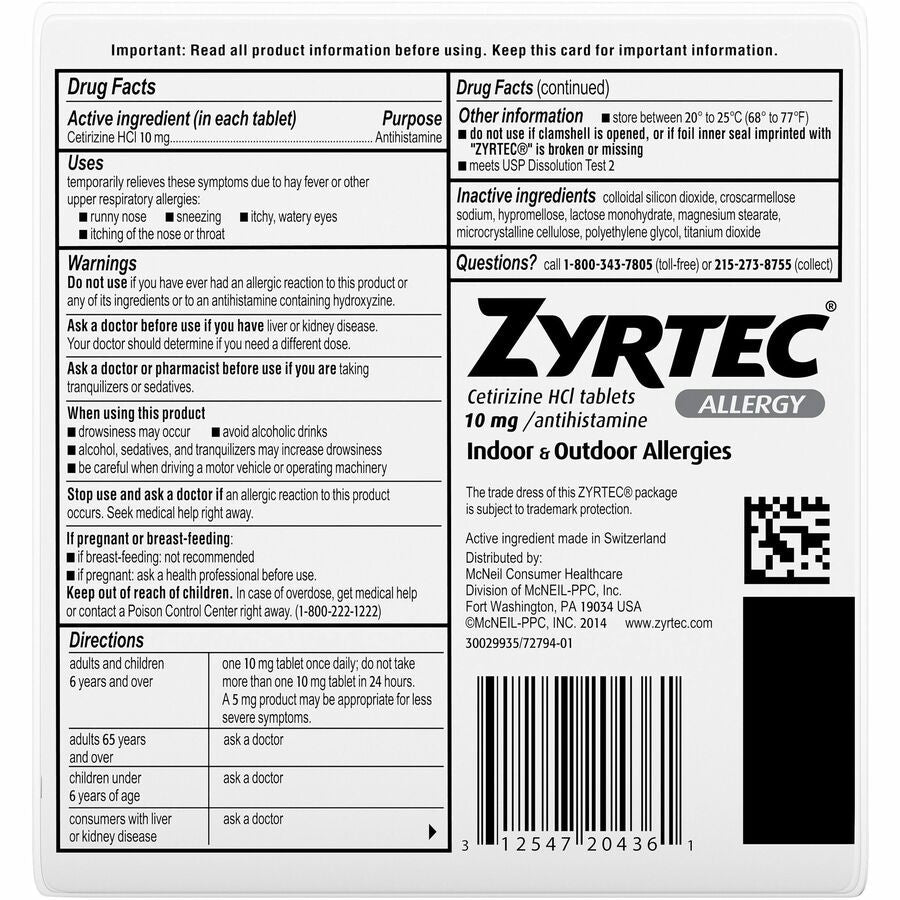 Zyrtec Allergy Tablets - Rear