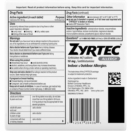 Zyrtec Allergy Tablets - Rear