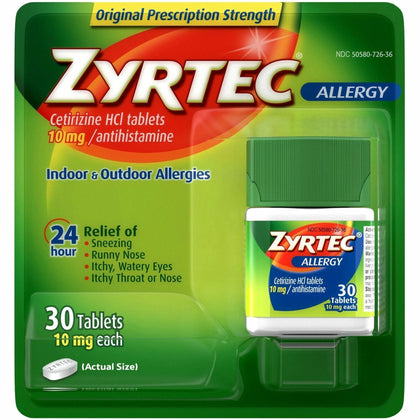 Zyrtec Allergy Tablets: Relieve Runny Nose & Sneezing - 30 Tablets - Medications